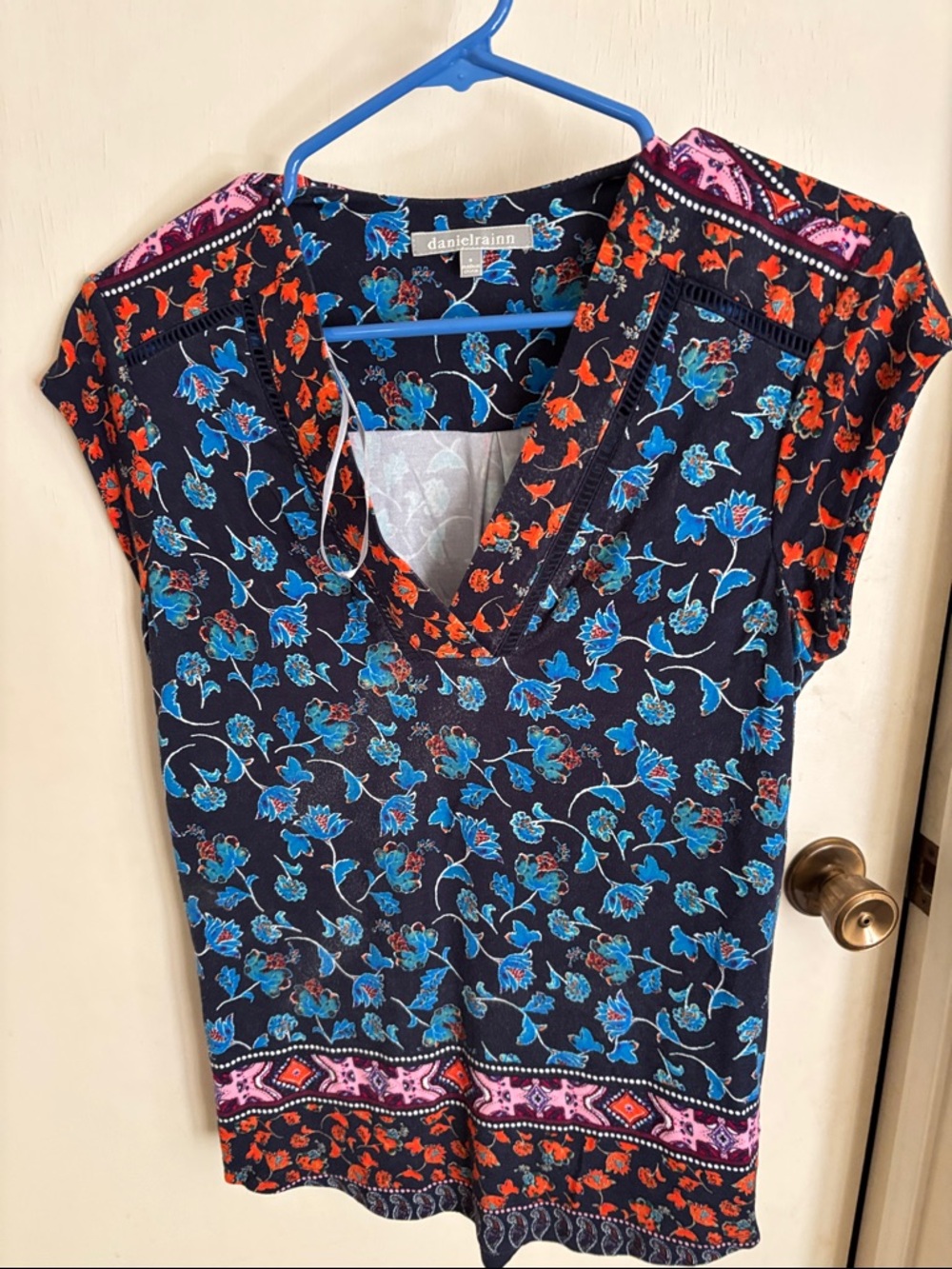 Daniel Rainn Navy Floral V-Neck Top with Blue, Orange and Pink Accents